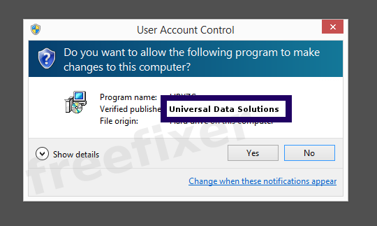 Screenshot where Universal Data Solutions appears as the verified publisher in the UAC dialog
